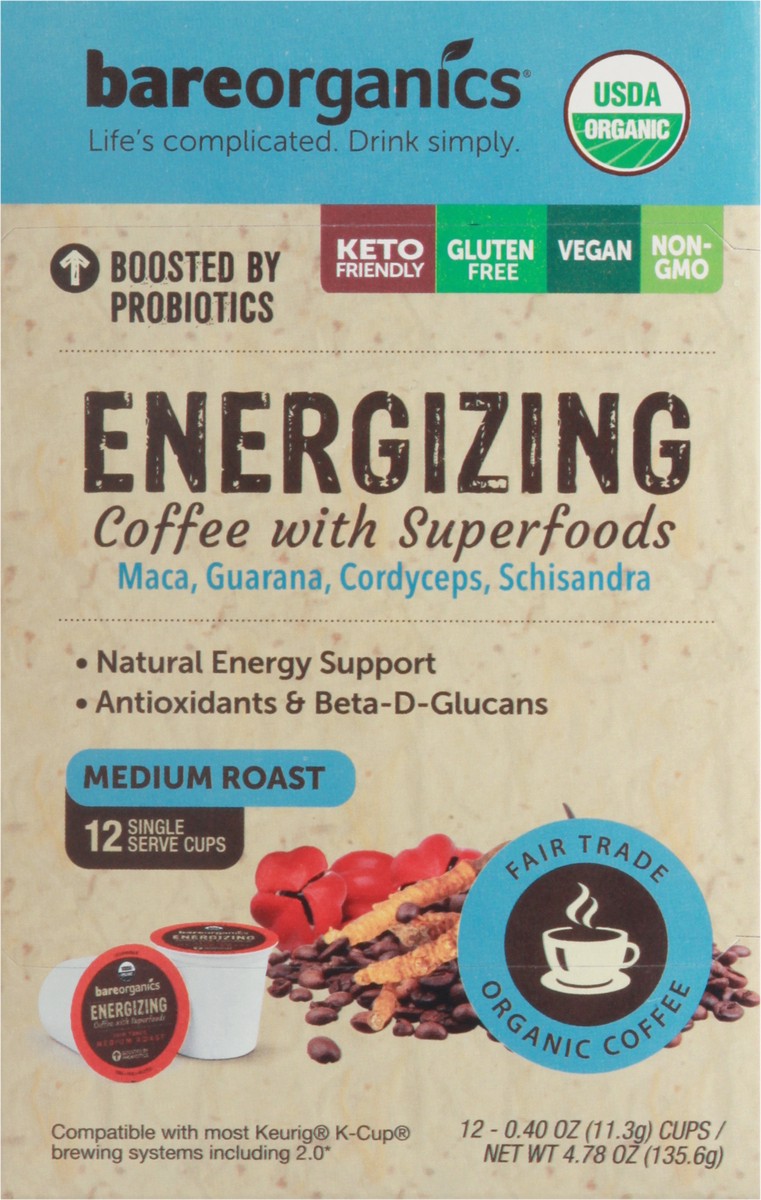slide 15 of 15, BareOrganics Single Serve Cups Energizing Medium Roast Coffee 12 Cups 0.40 oz Cup/Tub/Bowl 12 ea - 12 ct, 12 ct