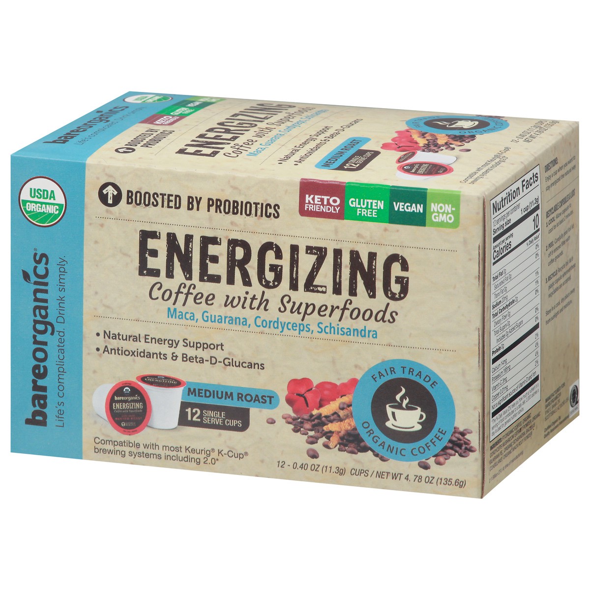 slide 6 of 15, BareOrganics Single Serve Cups Energizing Medium Roast Coffee 12 Cups 0.40 oz Cup/Tub/Bowl 12 ea - 12 ct, 12 ct