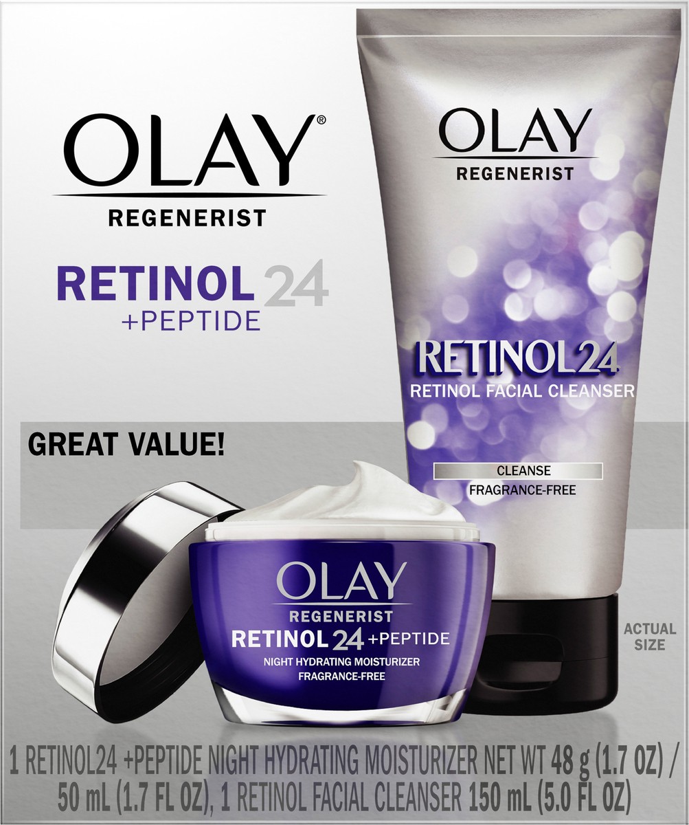 slide 2 of 2, Olay Retinol 24 Duo Pack, Renewing Exfoliating Cleanser, Fragrance-Free 5.0 FL oz, Night Moisturizer, Fragrance-Free, 1.7 oz, 4ct Retinol Cleansing Melts, 6.7 oz