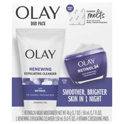 Olay Retinol 24 Duo Pack, Renewing Exfoliating Cleanser, Fragrance-Free 5.0 FL oz, Night Moisturizer, Fragrance-Free, 1.7 oz, 4ct Retinol Cleansing Melts