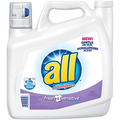 slide 1 of 1, All Fresh and Sensitive with Stainlifters HE Liquid Laundry Detergent 100 Loads, 150 oz