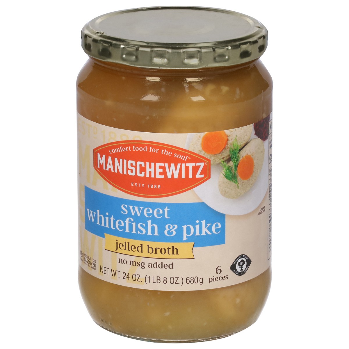 slide 4 of 9, Manischewitz Sweet Whitefish & Pike Jelled Broth 6 ea, 24 oz