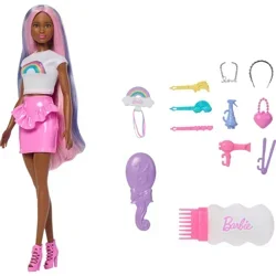 Barbie Rainbow Sparkle Hair Fashion Doll with Extra-Long Hair, Red Lipstick and 12 Styling Accessories