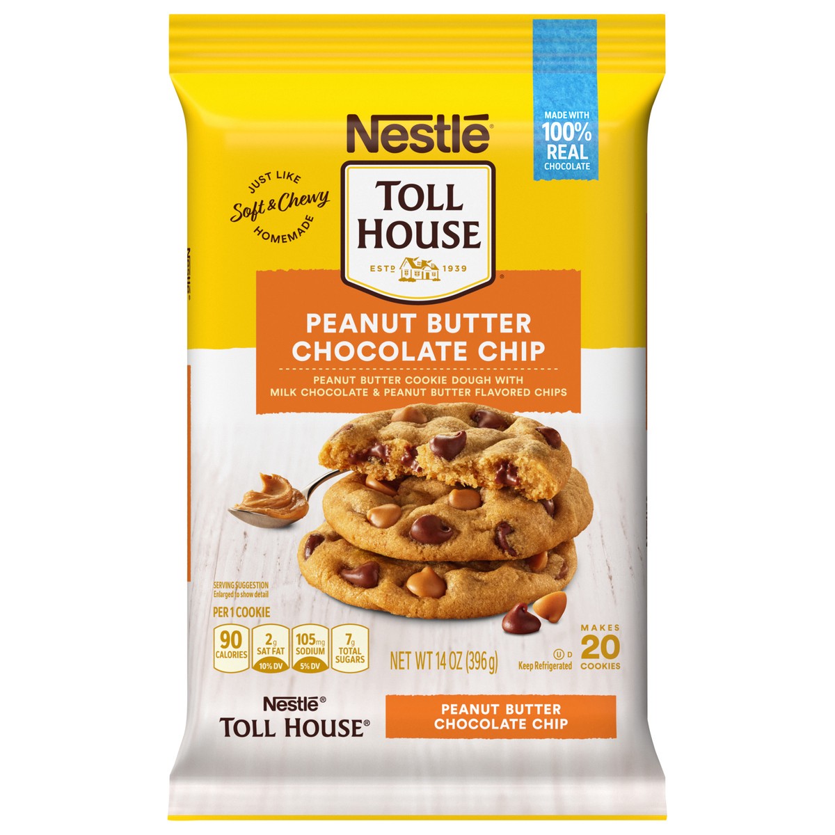 slide 1 of 13, Nestle Toll House Peanut Butter Chocolate Chip, Ready to Bake Cookie Dough, 14 oz