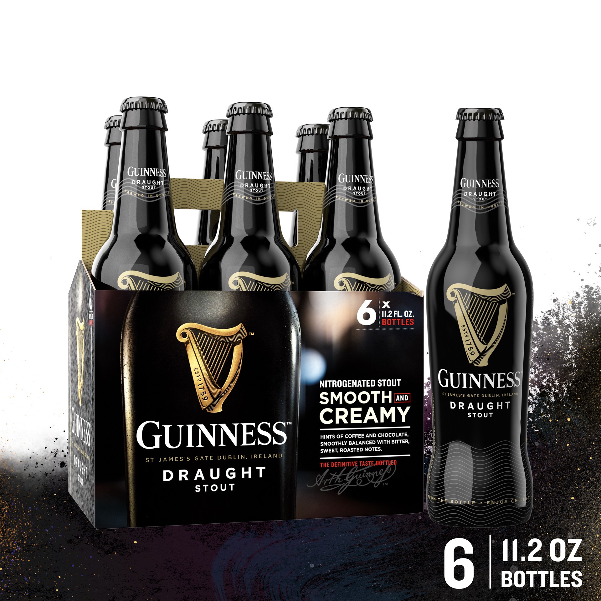 slide 1 of 1, Guinness Draught Stout Import Beer, 11.2 fl oz, 6 Pack Bottles, 4.2% ABV, 11.2 fl oz