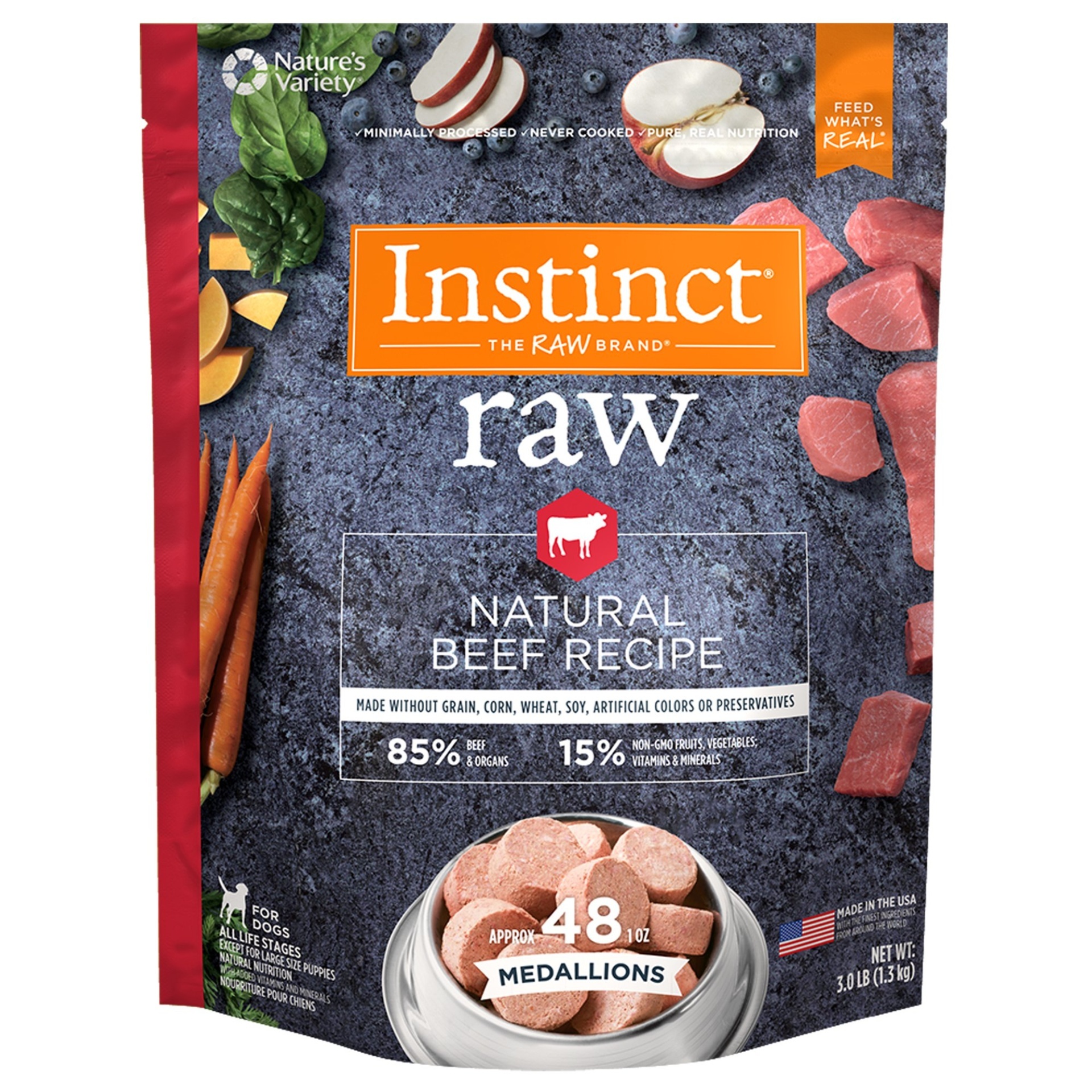 slide 1 of 1, Nature's Variety Instinct Frozen Raw Medallions Grain-Free Natural Beef Recipe Dog Food, 3 lb