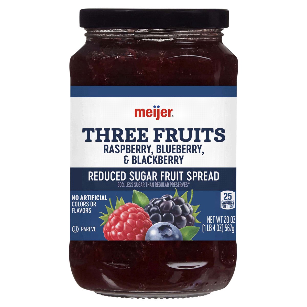 slide 1 of 17, Meijer Raspberry, Blueberry & Blackberry Three Fruits Light Preserves, 20 oz