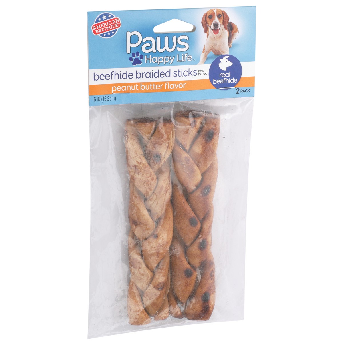 slide 6 of 8, Paws Happy Life Peanut Butter Flavor Beefhide Braided Sticks For Dogs, 1 ct