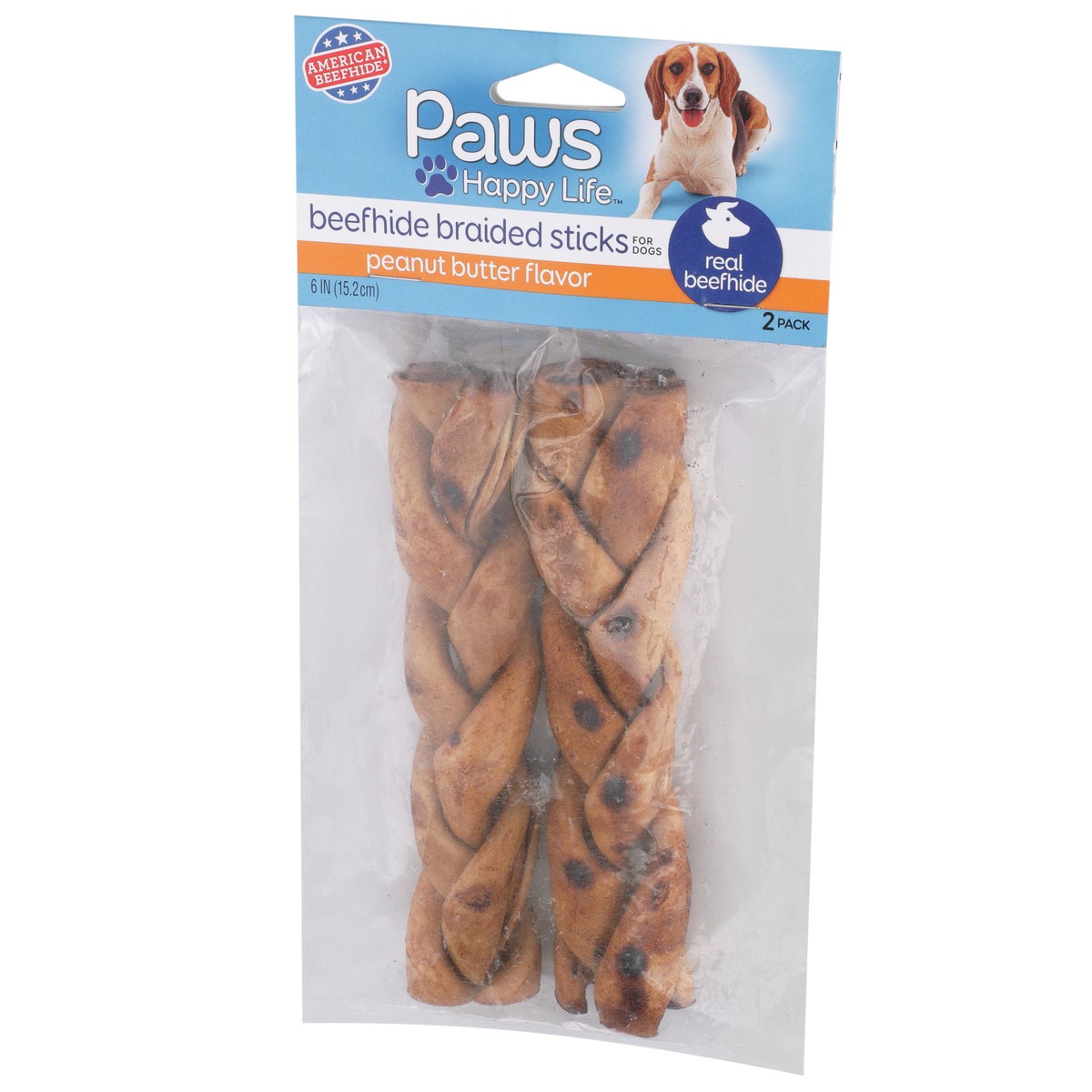 slide 2 of 8, Paws Happy Life Peanut Butter Flavor Beefhide Braided Sticks For Dogs, 1 ct