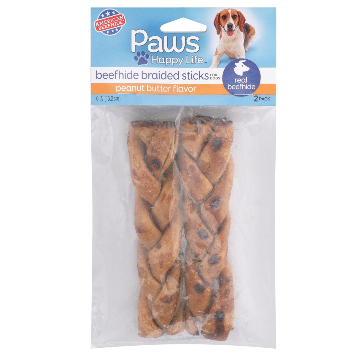 slide 1 of 8, Paws Happy Life Peanut Butter Flavor Beefhide Braided Sticks For Dogs, 1 ct