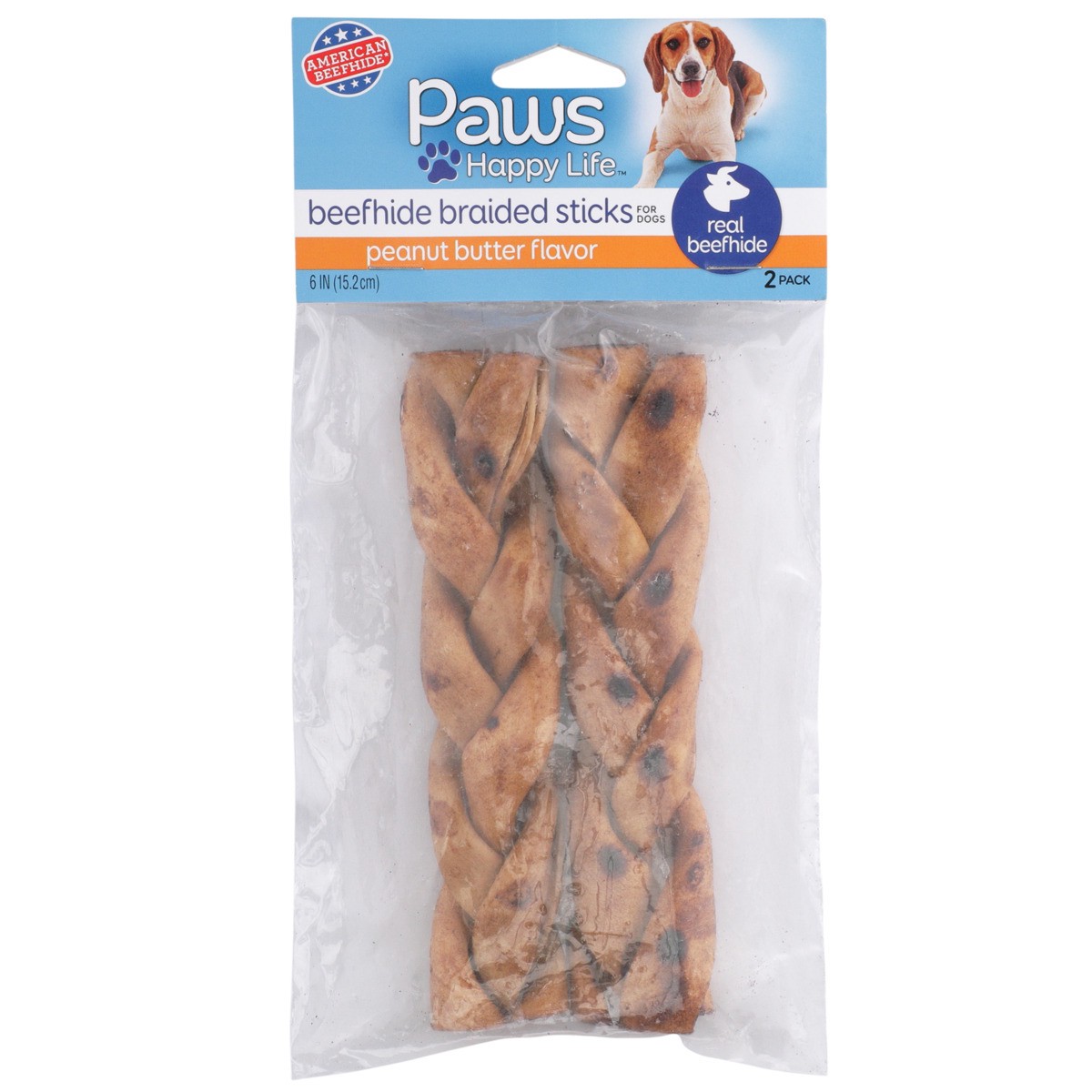 slide 4 of 8, Paws Happy Life Peanut Butter Flavor Beefhide Braided Sticks For Dogs, 1 ct