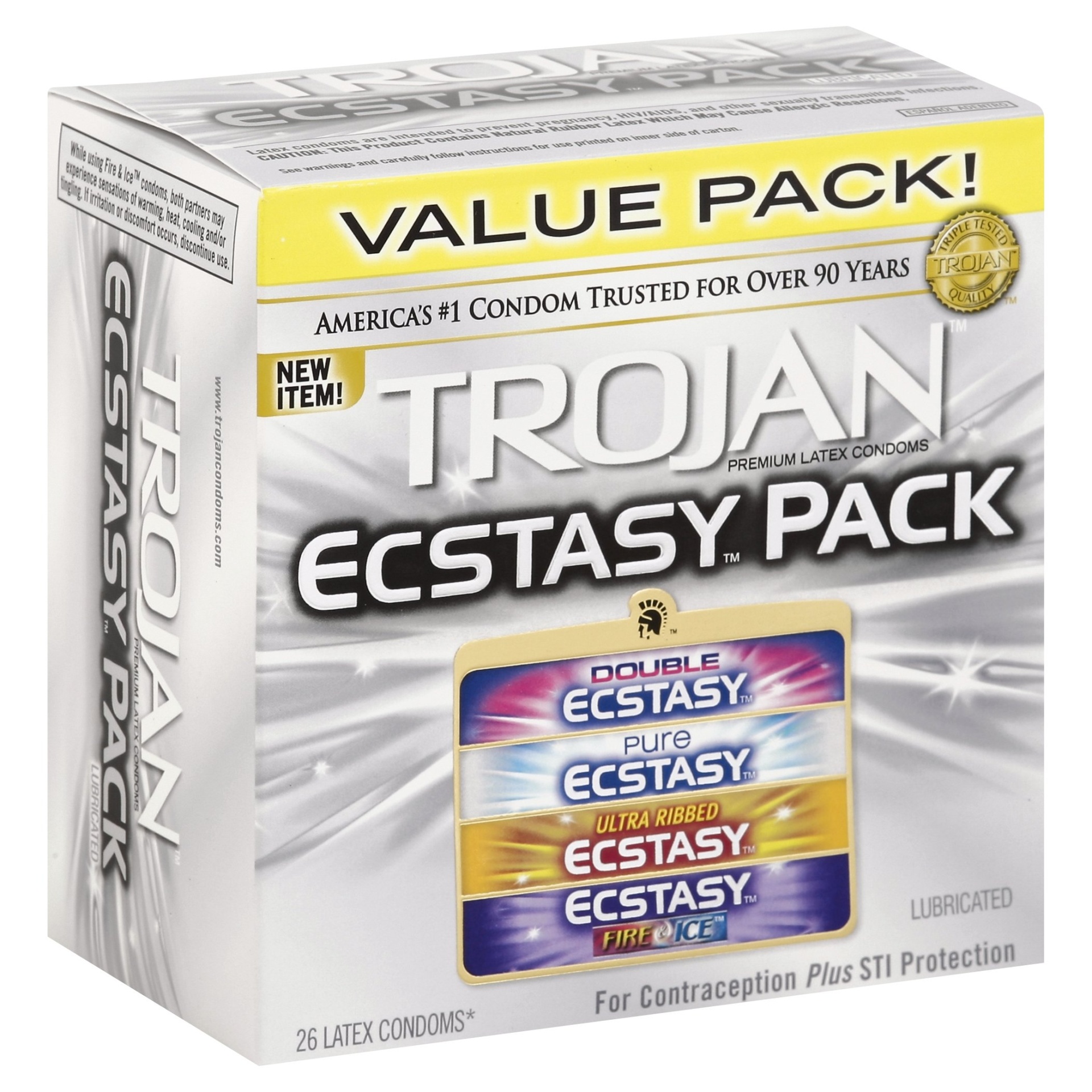 slide 1 of 1, Trojan Ecstasy Pack Lubricated Latex Condoms, 26 ct