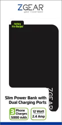 Zgear 5000 mAh Slim Dual Charging Port Power Bank - Black