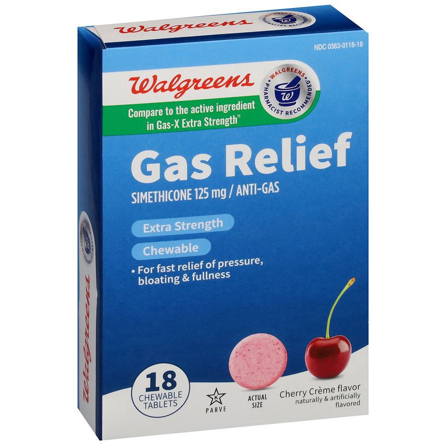 slide 4 of 4, Walgreens Extra Strength Gas Relief Cherry Flavor Chewable Tablets 125Mg, 18 ct