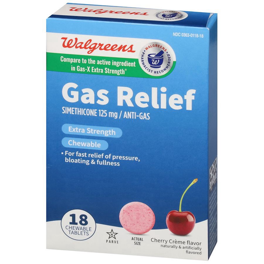 slide 3 of 4, Walgreens Extra Strength Gas Relief Cherry Flavor Chewable Tablets 125Mg, 18 ct