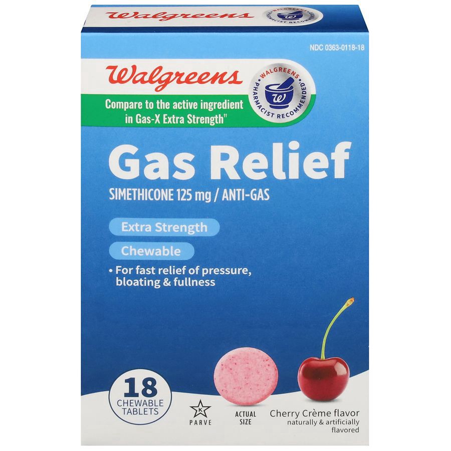 slide 1 of 4, Walgreens Extra Strength Gas Relief Cherry Flavor Chewable Tablets 125Mg, 18 ct