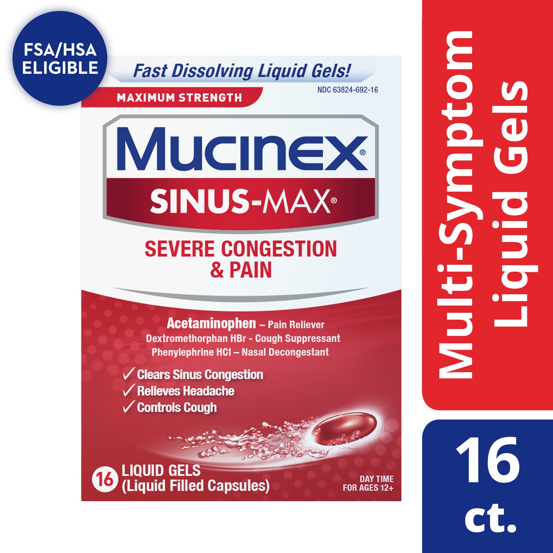 slide 1 of 5, Mucinex Sinus-Max Severe Congestion & Pain Liquid Gels - Dextromethorphan, 16 ct