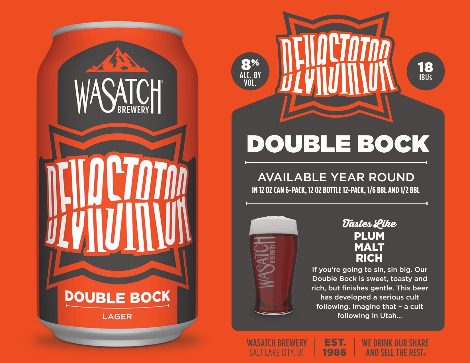 slide 3 of 6, Wasatch Devastator Double Bock Lager 6 Pack 12 oz can, 6 ct