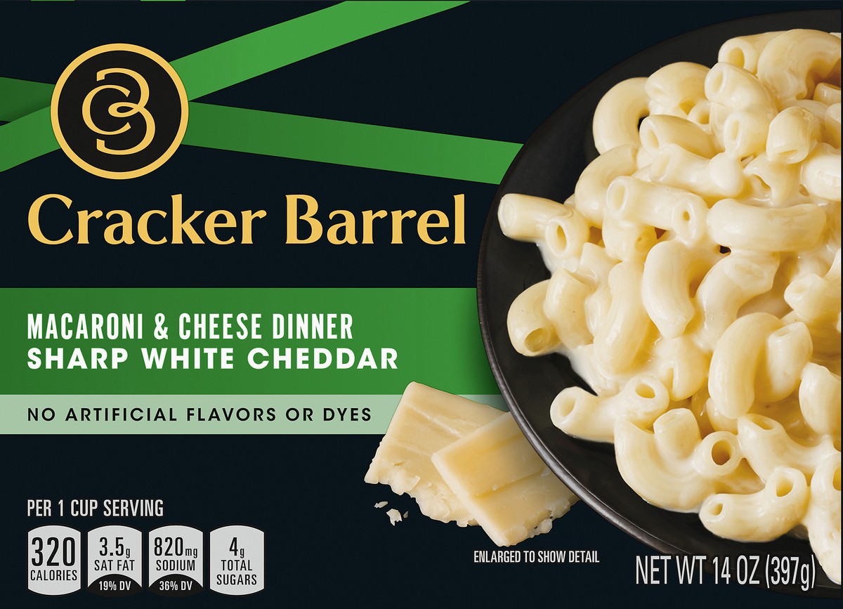 slide 6 of 9, Cracker Barrel Sharp White Cheddar Macaroni & Cheese Dinner, 14 oz Box, 14 oz