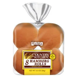 Country Kitchen Hamburger Rolls, Enriched Sliced White Bread Hamburger Buns, 8 Count
