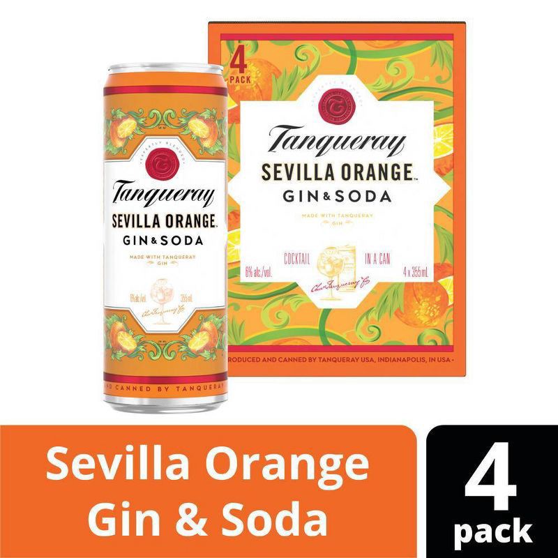 slide 3 of 4, Tanqueray Sevilla Orange Gin & Soda, 4-PACK (4 x 12 fl oz), 750 ml