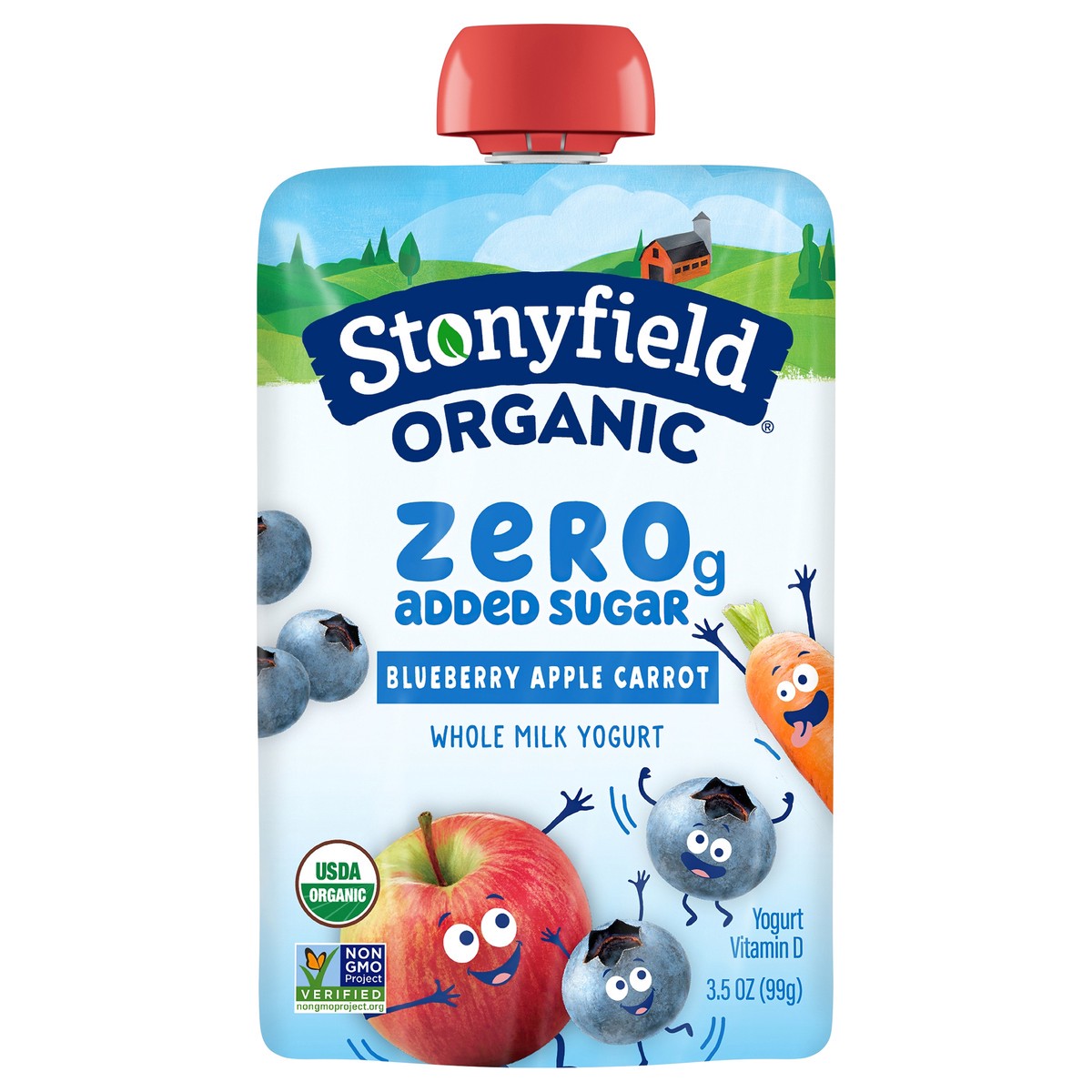 slide 1 of 7, Stonyfield Organic Kids Zero G Added Sugar Whole Milk Yogurt Pouch, Blueberry Apple Carrot, 3.5 oz., 3.5 oz