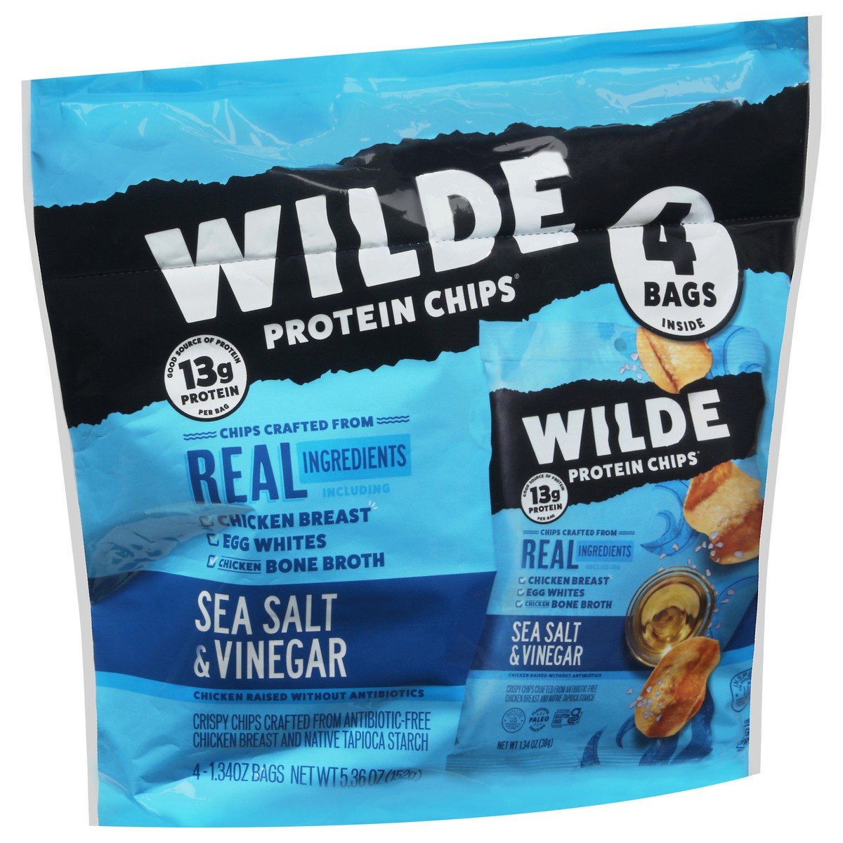 slide 5 of 9, Wilde Sea Salt & Vinegar Protein Chips 4 - 1.34 oz Bags, 4 ct