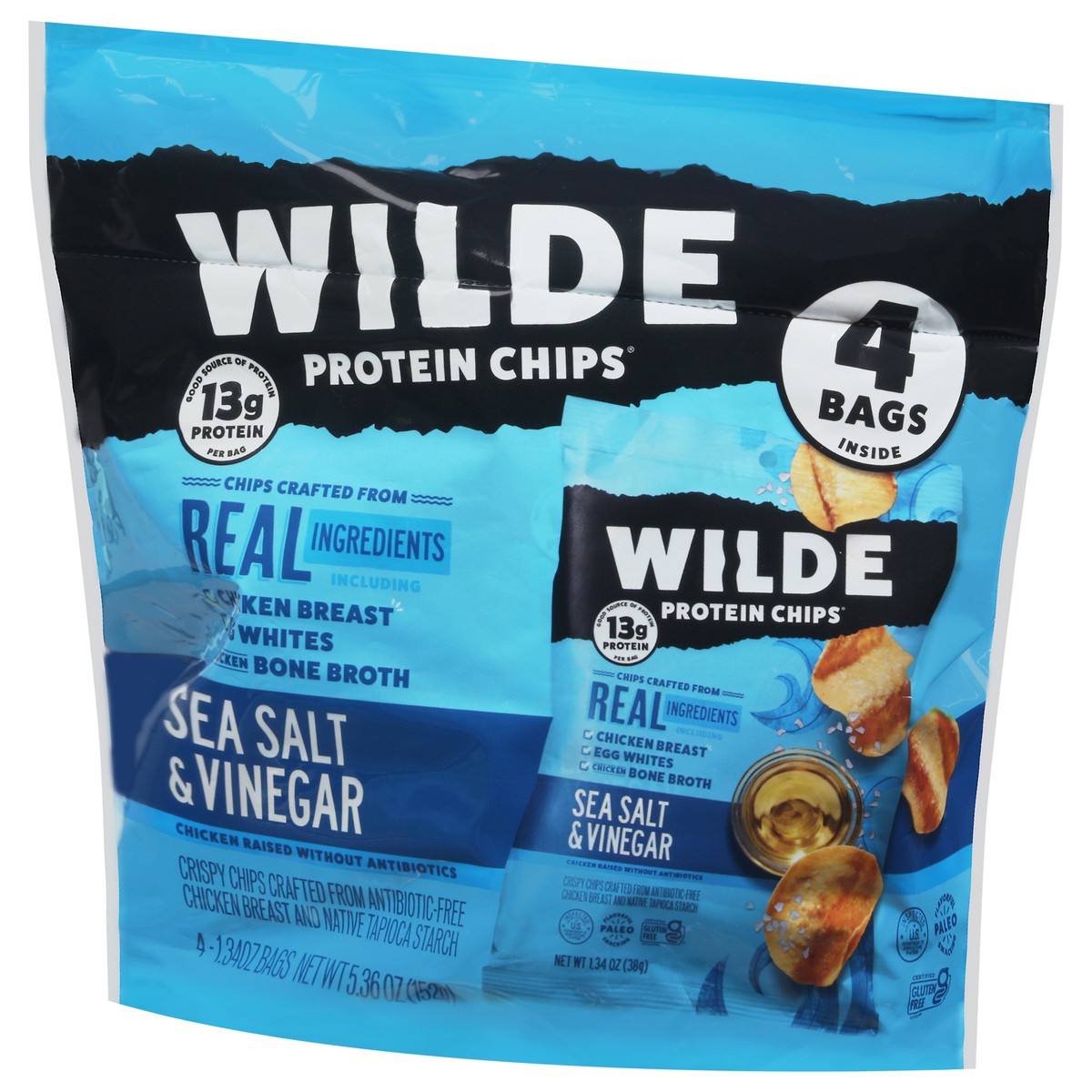 slide 3 of 9, Wilde Sea Salt & Vinegar Protein Chips 4 - 1.34 oz Bags, 4 ct
