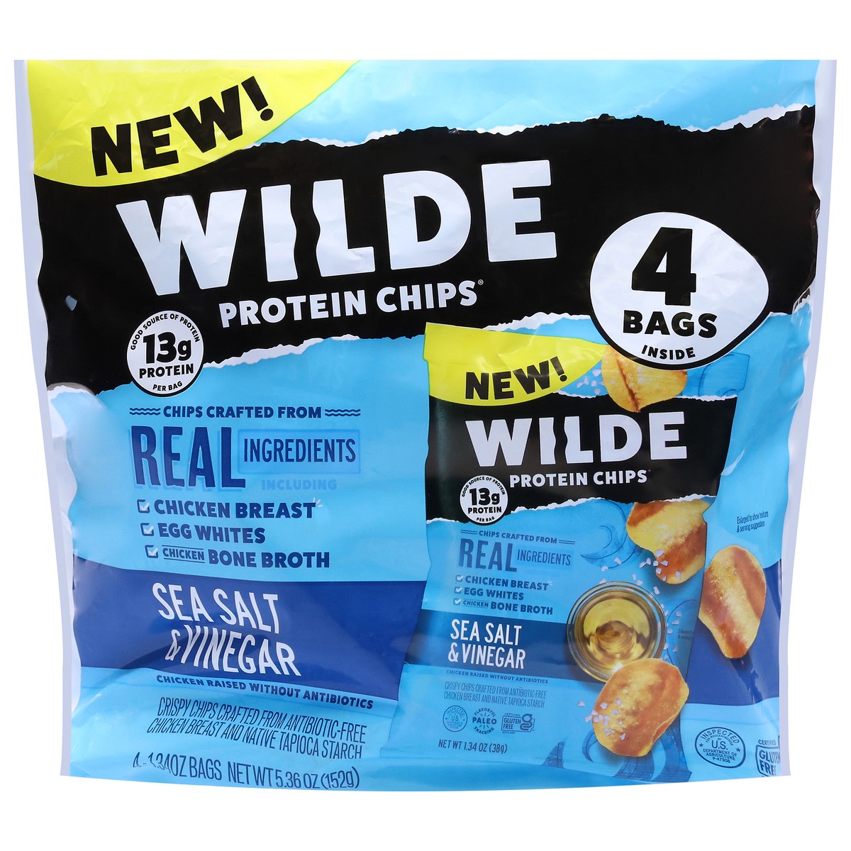 slide 1 of 9, Wilde Sea Salt & Vinegar Protein Chips 4 - 1.34 oz Bags, 4 ct