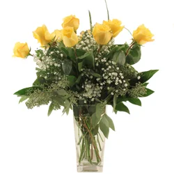 One Dozen Rose Arrangement With Baby's Breath & Greens In A Vase