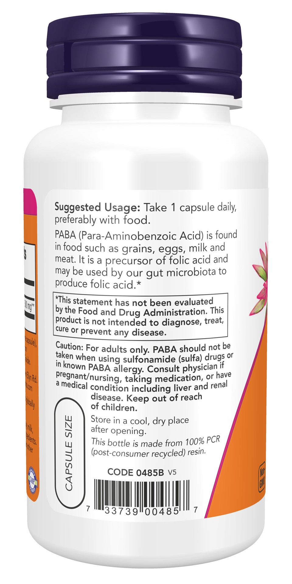 slide 2 of 4, NOW PABA 500 mg - 100 Capsules, 100 cups