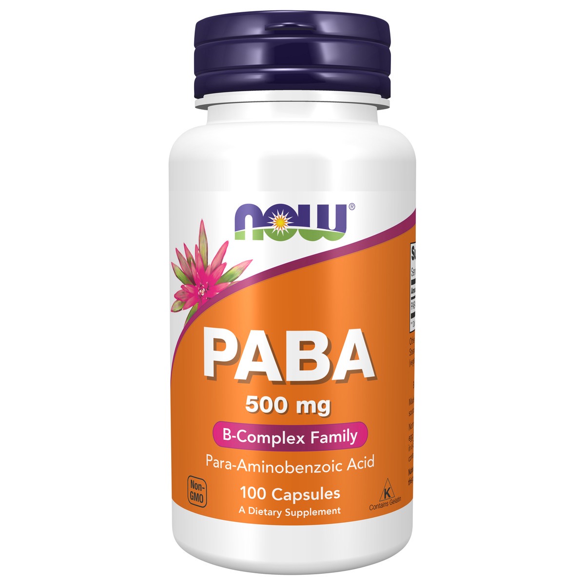 slide 1 of 4, NOW PABA 500 mg - 100 Capsules, 100 cups