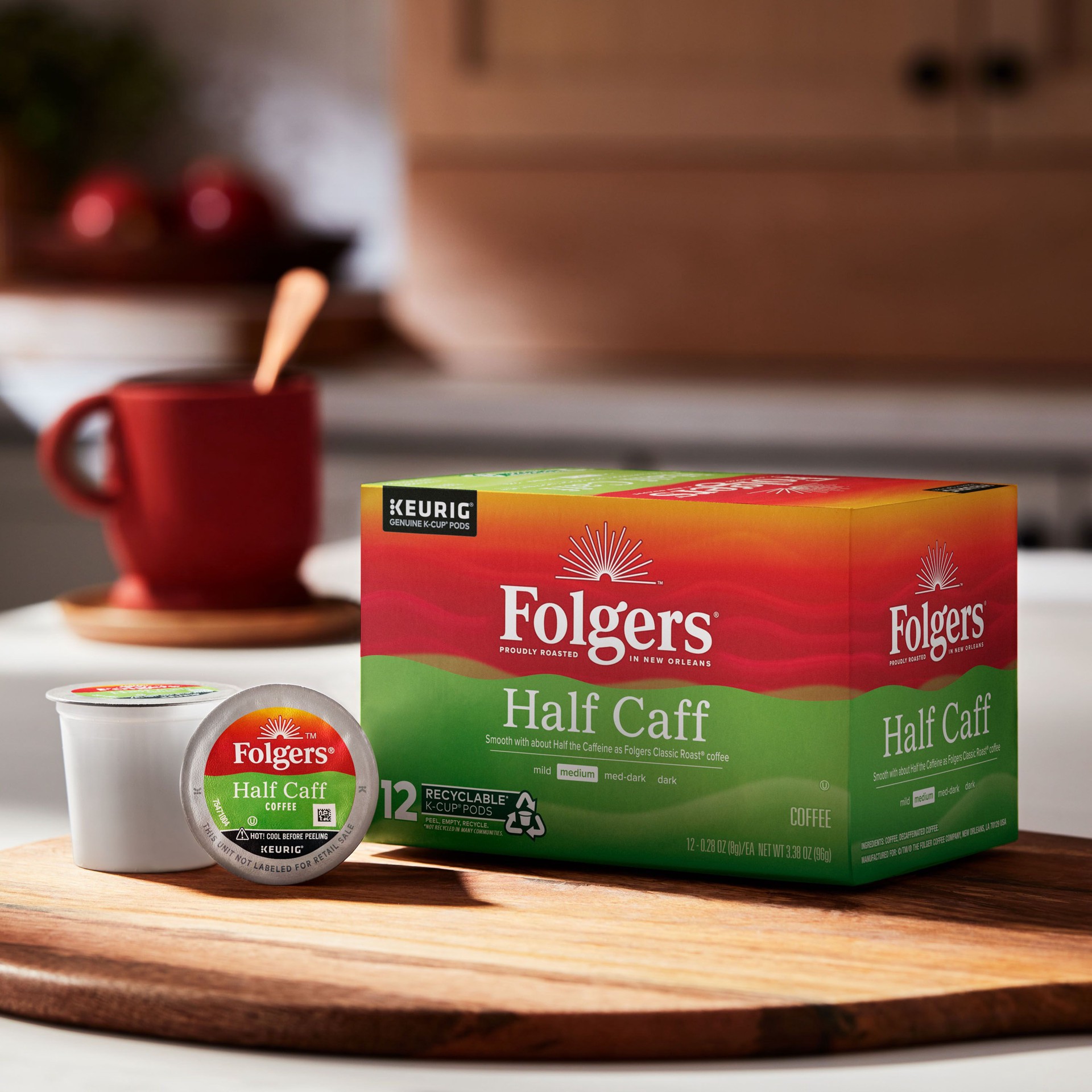 slide 4 of 7, Folgers 1/2 Caff Coffee, Medium Roast Coffee, Keurig K-Cup Pods- 12 ct, 12 ct