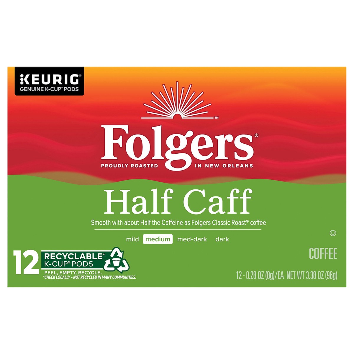 slide 1 of 7, Folgers 1/2 Caff Coffee, Medium Roast Coffee, Keurig K-Cup Pods- 12 ct, 12 ct