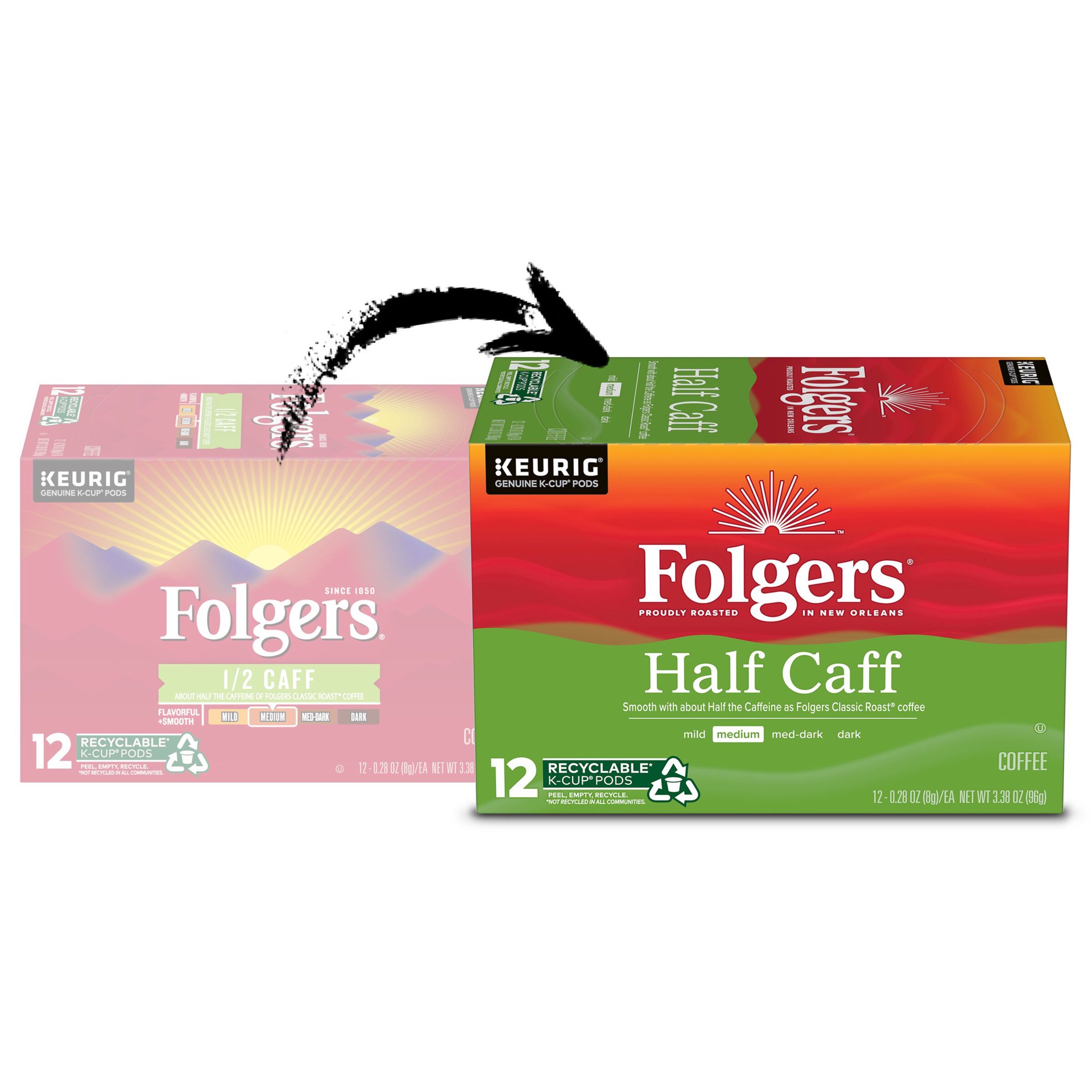 slide 5 of 7, Folgers 1/2 Caff Coffee, Medium Roast Coffee, Keurig K-Cup Pods- 12 ct, 12 ct