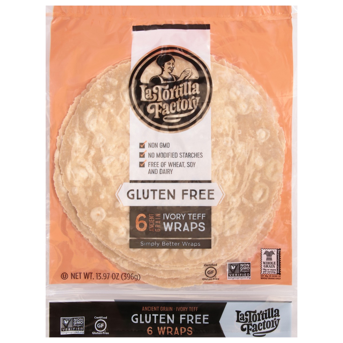 slide 1 of 14, La Tortilla Factory Ancient Grain Gluten Free Ivory Teff Wraps 6 ea, 6 ct