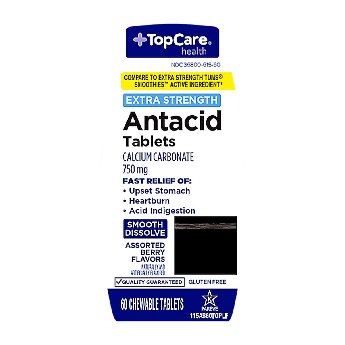 slide 1 of 9, TopCare Health Extra Strength 750 mg Assorted Berry Flavors 750 mg Antacid 60 Chewable Tablets, 60 ct