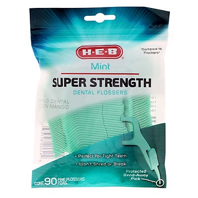 slide 1 of 1, H-E-B Super Strength Refreshing Mint Dental Flossers, 90 ct