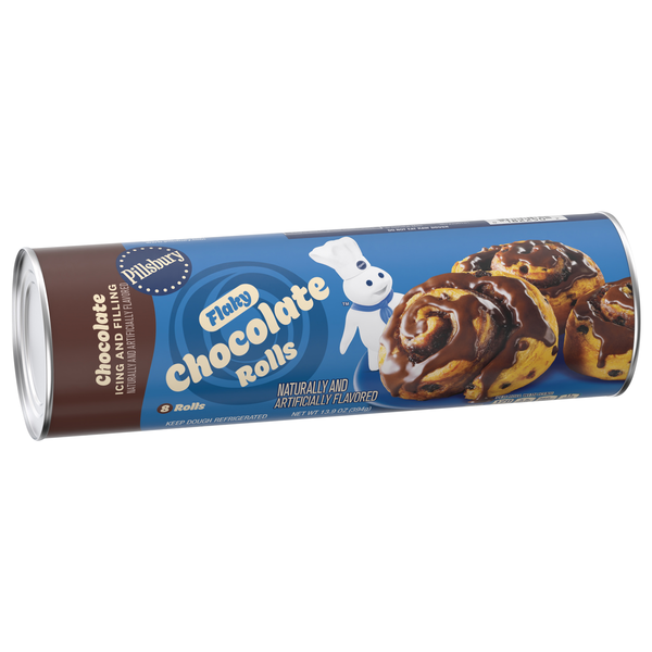 slide 1 of 6, Pillsbury Flaky Chocolate Rolls with Icing, Refrigerated Canned Pastry Dough, 8 Ct, 13.9 oz, 8 ct