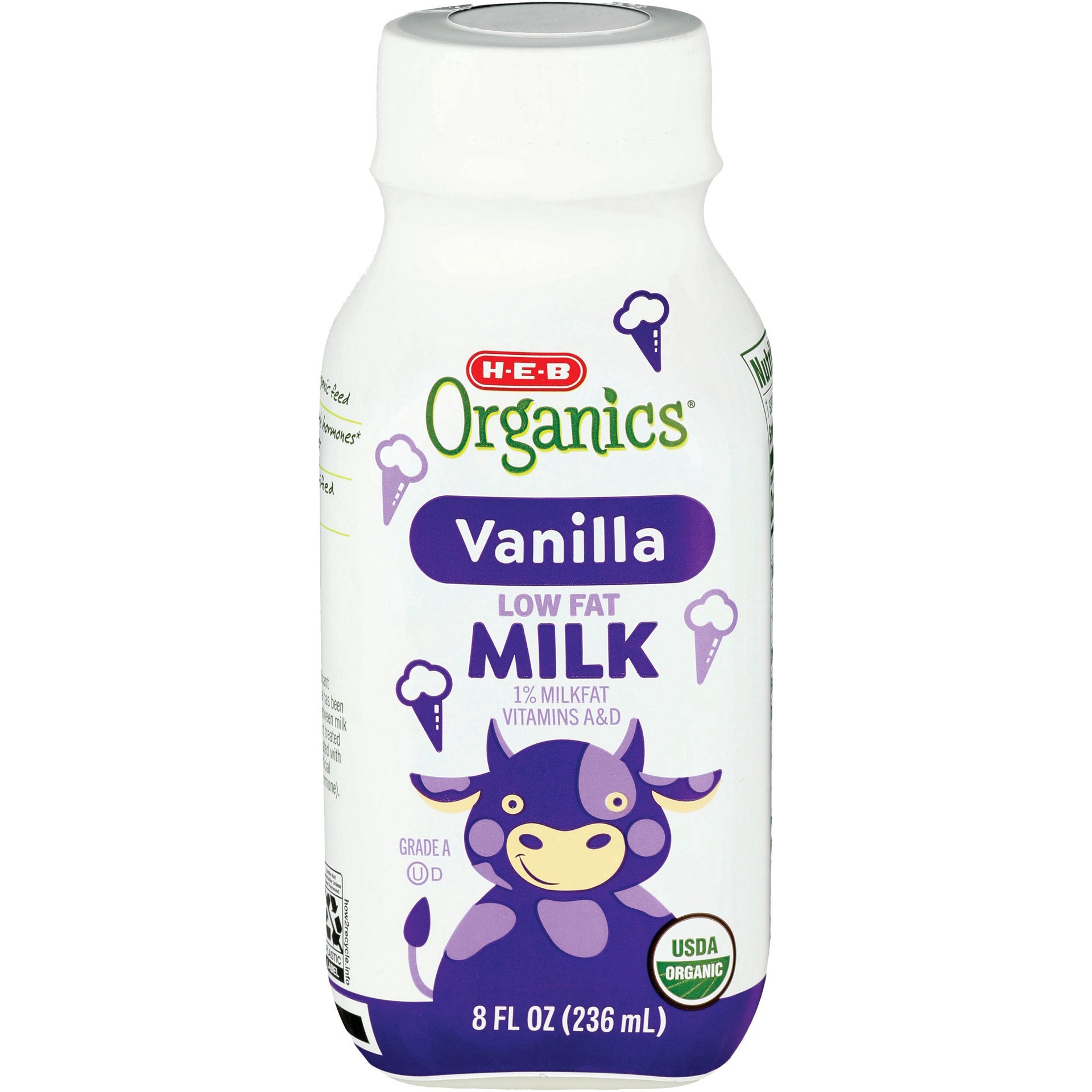 slide 1 of 1, H-E-B Organics Low Fat 1% Milk - Vanilla, 8 oz