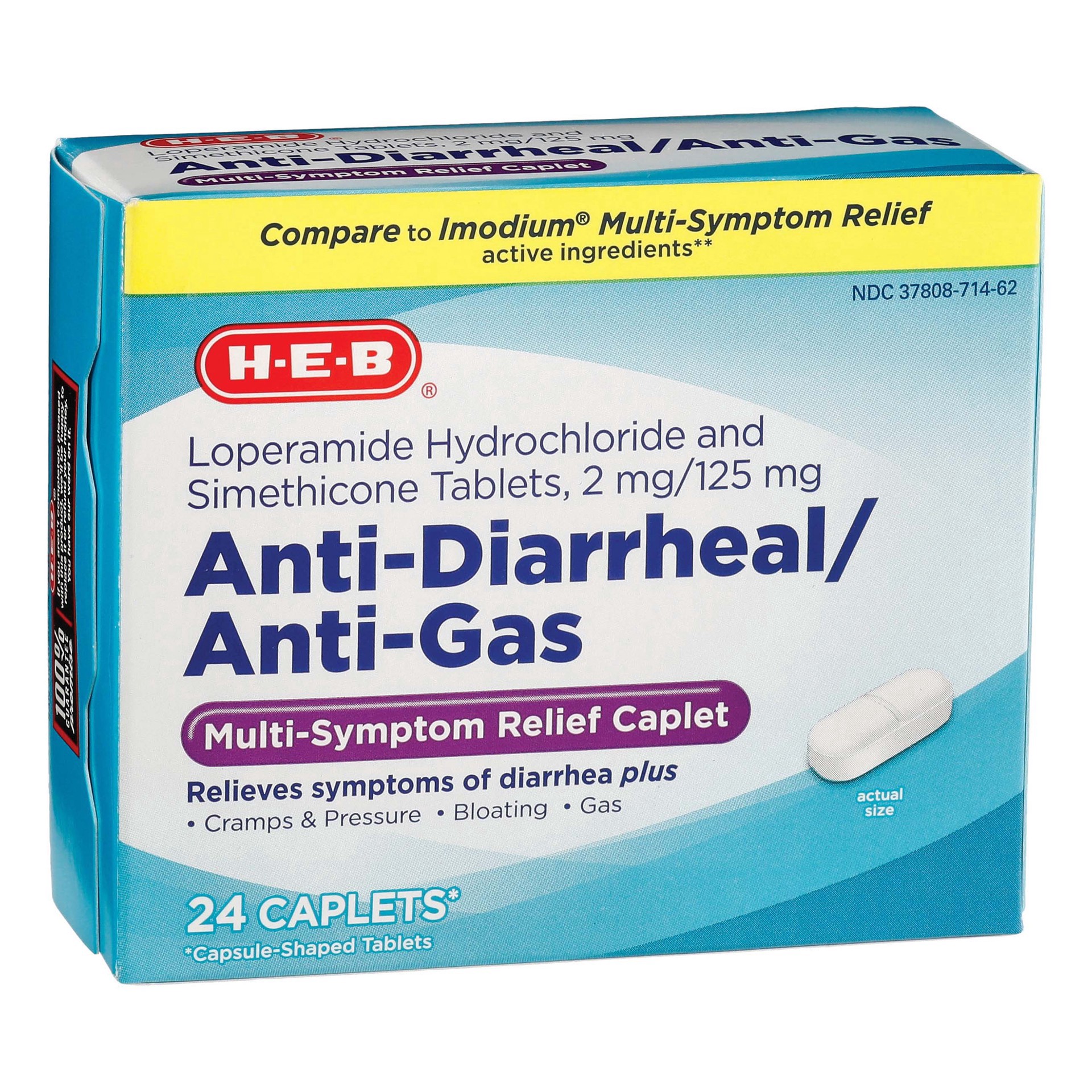 slide 1 of 1, H-E-B Anti-Diarrheal Anti-Gas Caplets, 24 ct