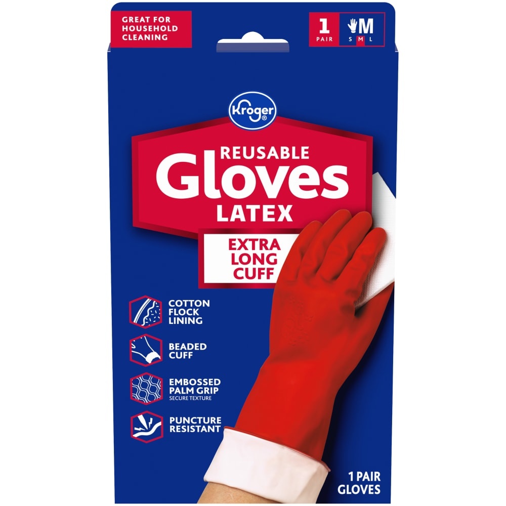 slide 1 of 1, Kroger Medium Extra Long Cuff Latex Reusable Gloves, 1 ct