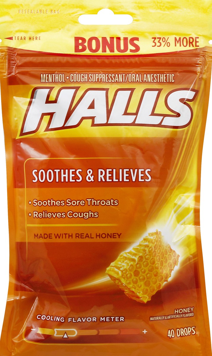 Halls Cough Drops Honey Flavored Made With Real Honey Bonus 40 ct
