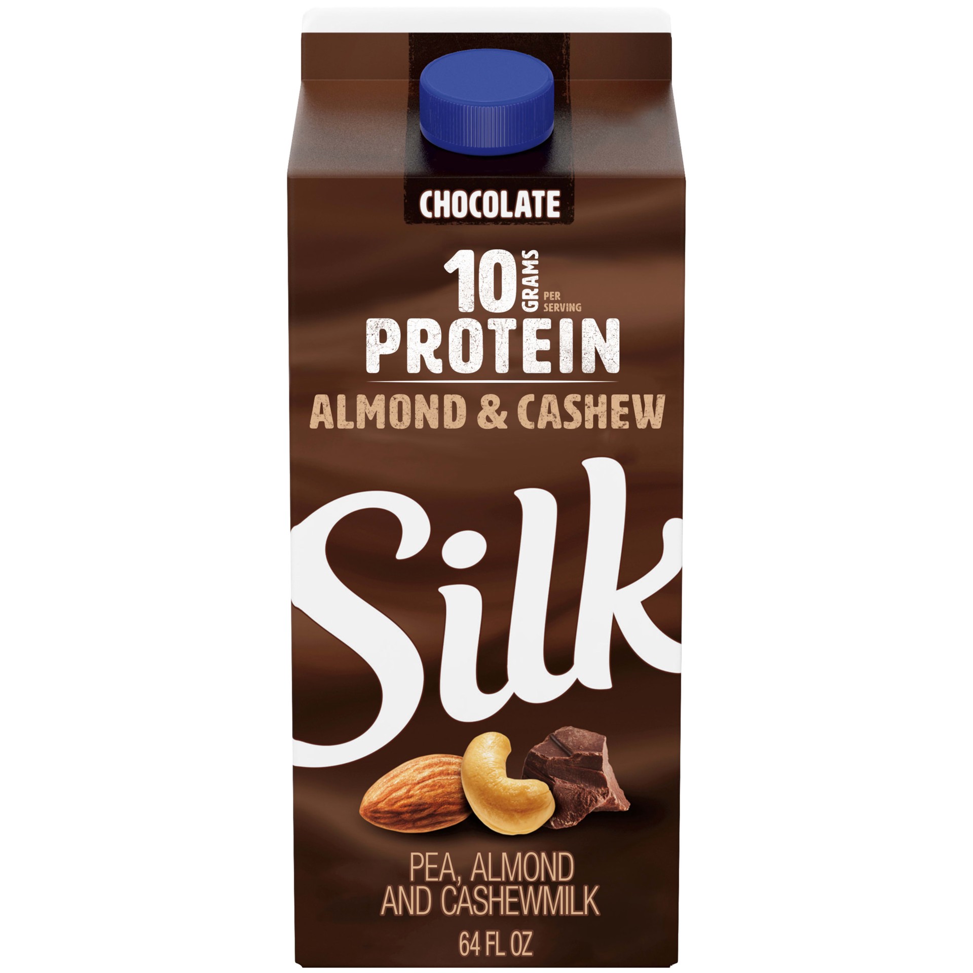 slide 1 of 9, Silk Protein Pea, Almond & Cashew Milk, Chocolate, Dairy-Free, Vegan, Non-GMO Project Verified, Half Gallon, 64 fl oz