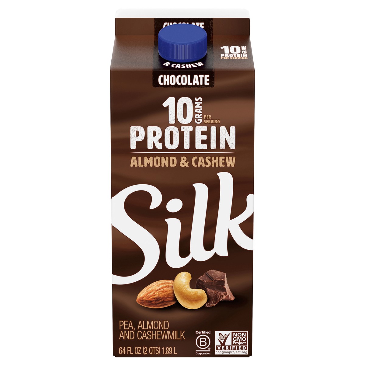 slide 1 of 9, Silk Protein Pea, Almond & Cashew Milk, Chocolate, Dairy-Free, Vegan, Non-GMO Project Verified, Half Gallon, 64 fl oz