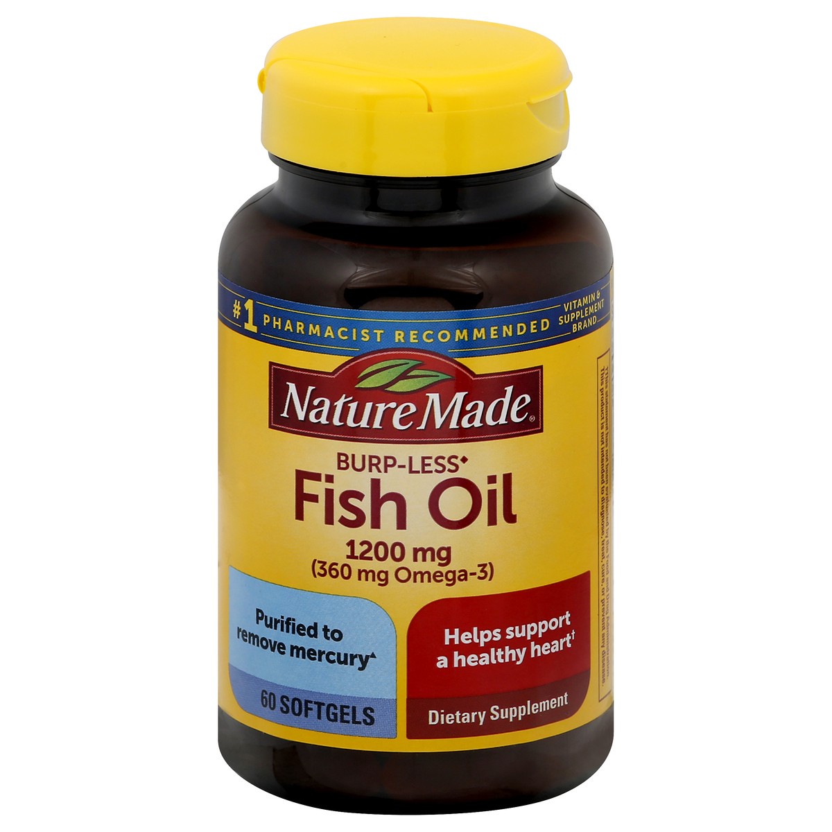 slide 10 of 12, Nature Made Burp Less Fish Oil 1200 mg, Fish Oil Supplements, Omega 3 Fish Oil for Healthy Heart Support, Omega 3 Supplement with 60 Softgels, 30 Day Supply, 60 ct