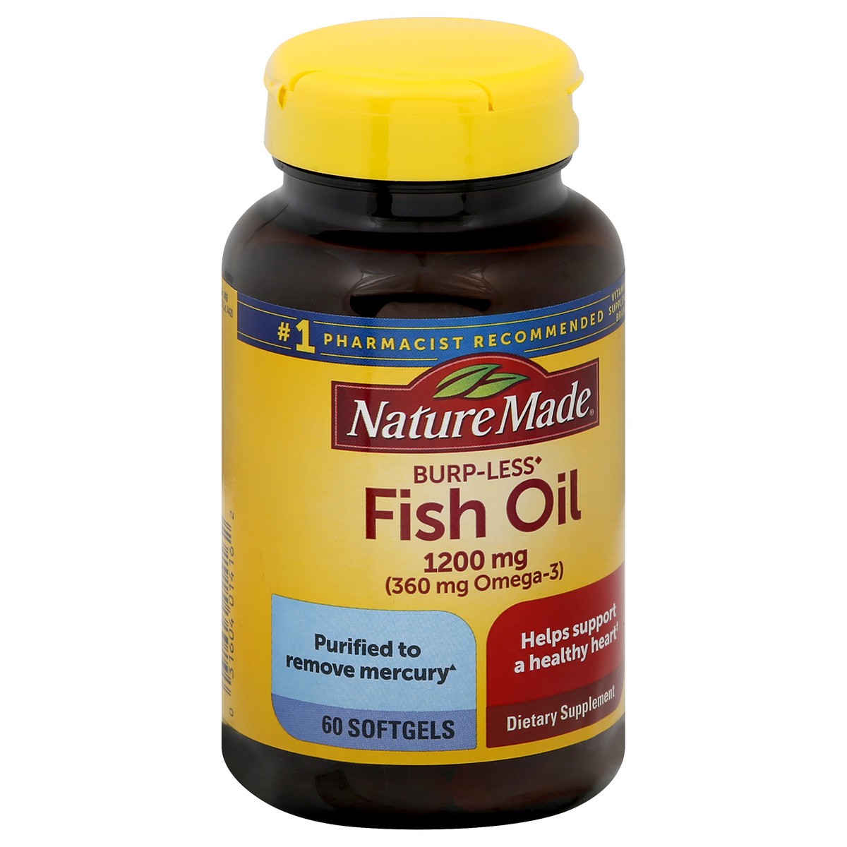 slide 4 of 12, Nature Made Burp Less Fish Oil 1200 mg, Fish Oil Supplements, Omega 3 Fish Oil for Healthy Heart Support, Omega 3 Supplement with 60 Softgels, 30 Day Supply, 60 ct