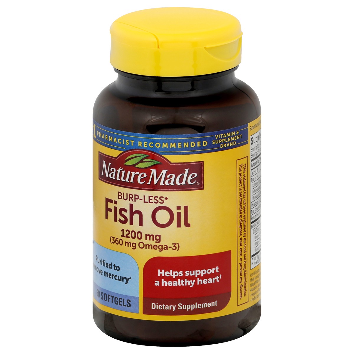 slide 11 of 12, Nature Made Burp Less Fish Oil 1200 mg, Fish Oil Supplements, Omega 3 Fish Oil for Healthy Heart Support, Omega 3 Supplement with 60 Softgels, 30 Day Supply, 60 ct