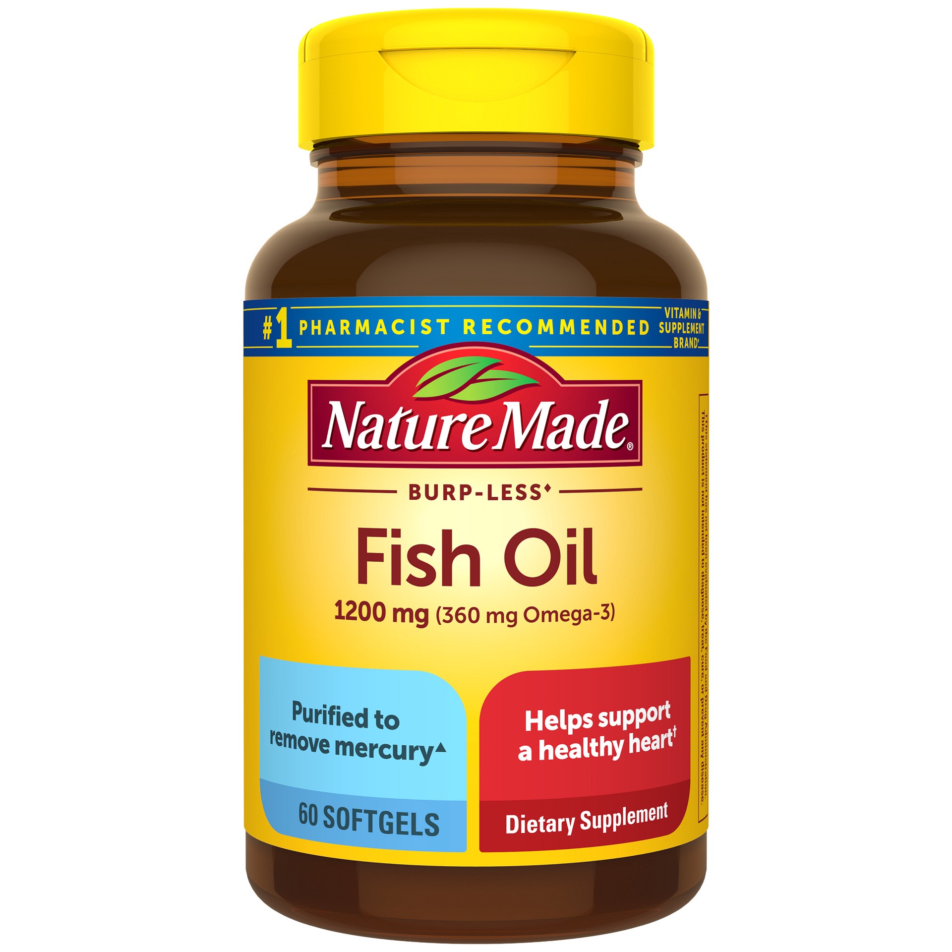 slide 1 of 12, Nature Made Burp Less Fish Oil 1200 mg, Fish Oil Supplements, Omega 3 Fish Oil for Healthy Heart Support, Omega 3 Supplement with 60 Softgels, 30 Day Supply, 60 ct