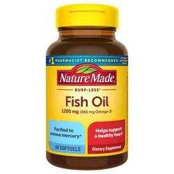 Nature Made Burp Less Fish Oil Omega 3 Supplements, 1200 mg Softgels, EPA DHA Omega 3 Fish Oil Supplements for Healthy Heart Support, 60 Softgels, 30 Day Supply